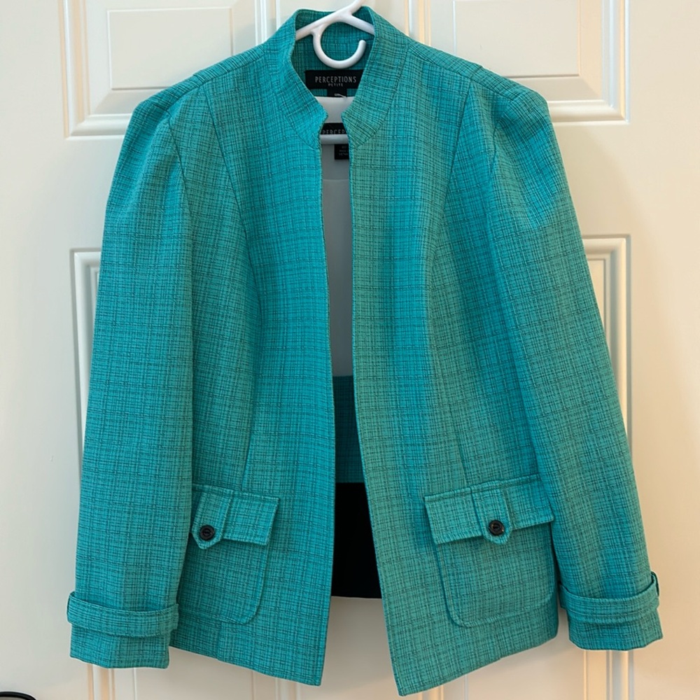 Perceptions Petite Blazer & Top Women's 8P Teal/Black/White Workwear Officewear